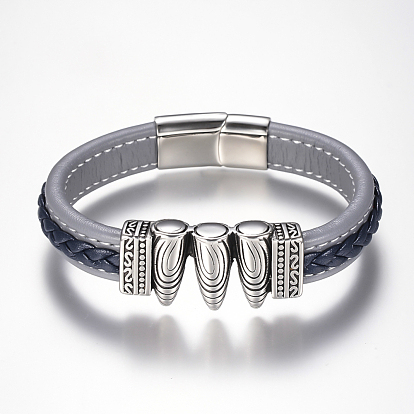 Tressés bracelets cordon en cuir pour hommes, avec 304 accessoires en acier inoxydable et les fermoirs magnétiques