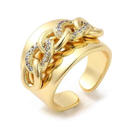 Rack Plating Real 18K Gold Plated Brass Curb Chains Shape Open Cuff Rings, with Cubic Zirconia, Long-Lasting Plated, Lead Free & Cadmium Free