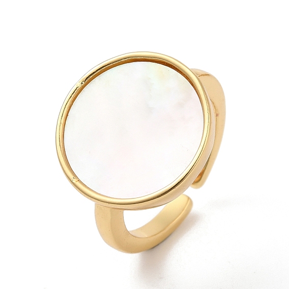Natural Shell Flat Round Open Cuff Rings, Brass Jewelry for Women