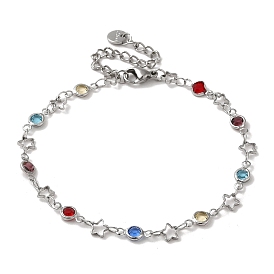 Brass Star Link Chain Bracelets, with Colorful Glass Beads