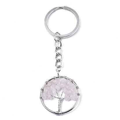 Porte-clés chakra de pierres précieuses naturelles, avec porte-clés fendus en acier inoxydable plaqué platine, plat et circulaire avec arbre de vie