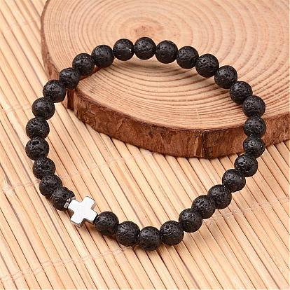 Cross Natural Lava Rock Beaded Stretch Bracelets, with Non-magnetic Hematite Beads, 54mm