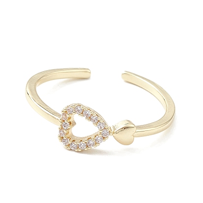 Clear Cubic Zirconia Hollow Heart Open Cuff Ring, Brass Jewelry for Women