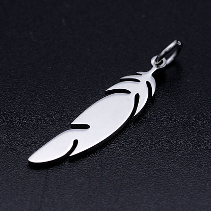 201 Stainless Steel Pendants, Stamping Blank Charms, with Unsoldered Jump Rings, Feather