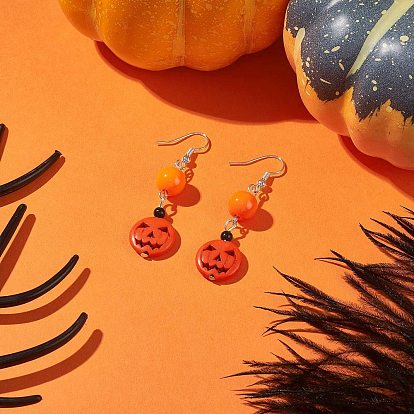 Boucle d'oreille pendante turquoise synthétique jack-o'-lanterne citrouille d'halloween, boucle d'oreille en perles acryliques pour femmes