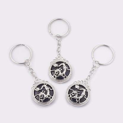 Mixed Gemstone Keychain, with Iron Key Rings, Flat Round with Dragon, Platinum