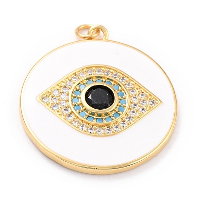 Real 18K Gold Plated Brass Micro Pave Cubic Zirconia Pendants, with Jump Ring and Enamel, Long-Lasting Plated, Flat Round with 
Evil Eye