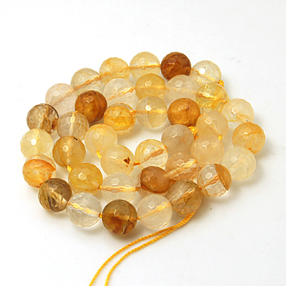 Natural Yellow Hematoid Quartz Beads Strands, Ferruginous Quartz, Faceted, Round, Yellow