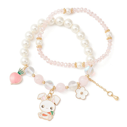 2 pcs 2 ensemble de bracelets extensibles en perles de verre et de perles sur le thème de Pâques, bracelets empilables lapin et fleur en alliage émaillé