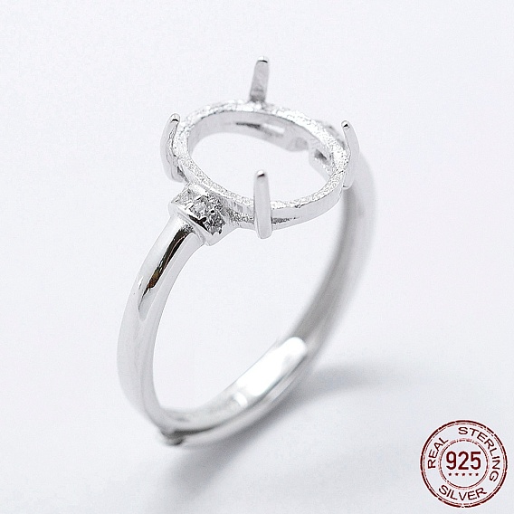 925 Sterling Silver Finger Ring Components, with Cubic Zirconia, Adjustable