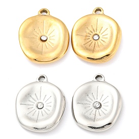 304 Stainless Steel Pendants, with Rhinestone, Flat Round with Sun