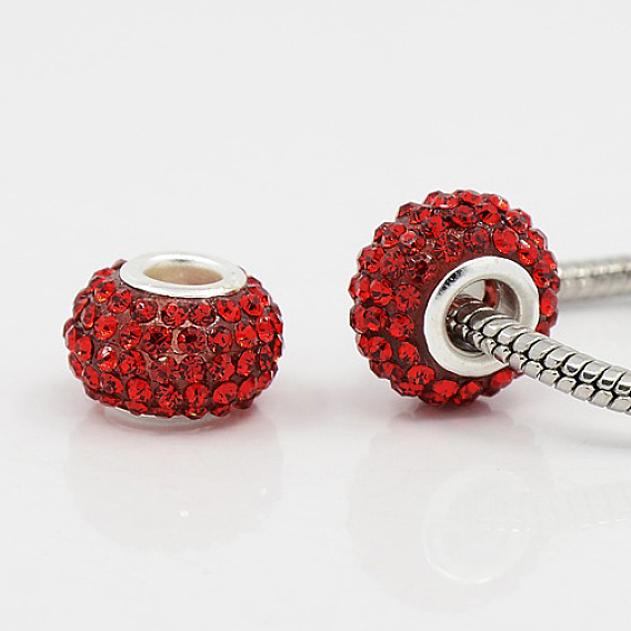Large Hole Rondelle Resin Pave Grade A Rhinestone European Beads, with Silver Color Plated Brass Double Cores