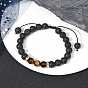 Natural Lava Rock & Tiger Eye Braided Bead Bracelets, Adjustable Bracelet with Brass Rhinestone Beaded