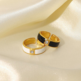 Vintage French Classic Black/White Oil Drop Ring for Women with CZ Stones in 18K Gold Stainless Steel