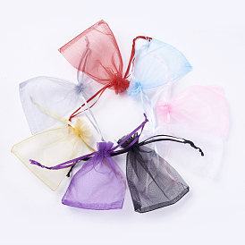 8 Colors Organza Bags, with Ribbons, Rectangle