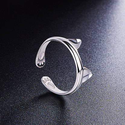SHEGRACE Cute Design 925 Sterling Silver Ring, Cuff Rings, Open Rings, with Cat Ears, 17mm