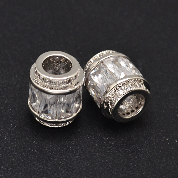 Micro en laiton de colonne ouvrent zircone cubique perles grand trou, sans cadmium et sans nickel et sans plomb, Platine plaqué, 12x9mm, Trou: 5mm