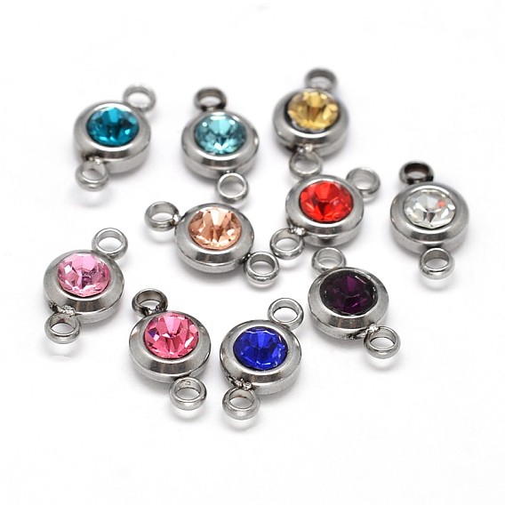 Flat Round 304 Stainless Steel Cubic Zirconia Links, Stainless Steel Color, 12x6.5x4mm, Hole: 2mm