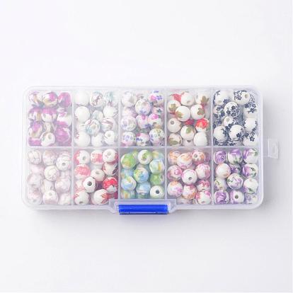 Dix couleurs à la main imprimé perles de porcelaine, ronde, 8mm, trou: 2mm, à propos de 20pcs / couleur, à propos de 200pcs / boîte