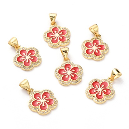 Brass Micro Pave Cubic Zirconia Pendants, Real 18K Gold Plated, Long-Lasting Plated, Flower