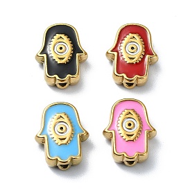 Ion Plating(IP) 304 Stainless Steel Enamel Beads, Real 18K Gold Plated, Hamsa Hand with Eye