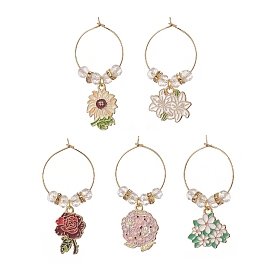5Pcs Flower Alloy Enamel Pendants Wine Glass Charms Sets, with Brass Hoop Earrings Findings, Electroplate Glass Beads
