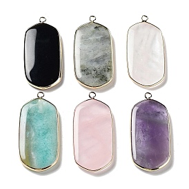 Natural Gemstone Pendants, Light Gold Plated Brass Rectangle Charms