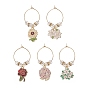 5 pendentifs en émail en alliage de fleurs pcs ensembles de breloques en verre à vin, avec boucles d'oreilles en laiton, Perles en verre electroplate