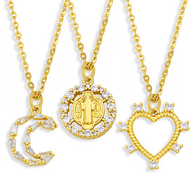 Minimalist Necklace with Zircon Heart Moon Virgin Mary Pendant - European and American Style
