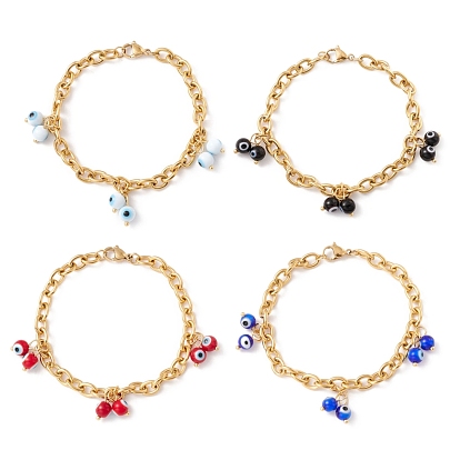 Bracelet à breloques mauvais œil en pierres synthétiques, 304 bracelet chaînes de câbles en acier inoxydable pour femmes