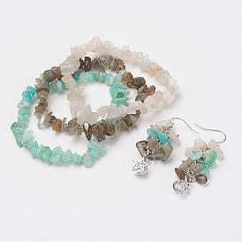 Mixed Gemstone Jewelry Sets, Stretch Bracelets & Dangle Earrings, with Brass Earring Hooks and Burlap Packing Pouches Drawstring Bags