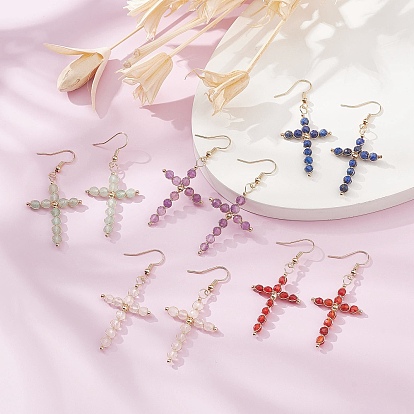 Natural Mixed Stone Cross Dangle Earrings, Brass Wires Wrap Earrings for Women