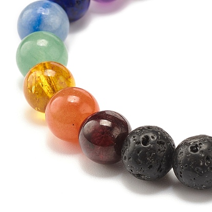 Natural Lava Rock Round Beads Stretch Bracelet, 7 Chakra Jewelry with Dragon Beads for Women