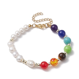 Bracelet en perles de pierres précieuses mélangées naturelles et synthétiques sur le thème des chakras, avec Shell perles de nacre