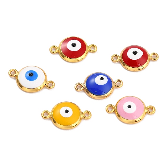 Golden Plated Brass Enamel Links Connectors, Long-Lasting Plated, Flat Round with Evil Eye