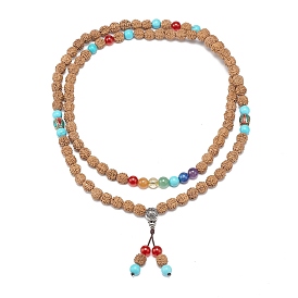 Natural Rudraksha Beaded Buddhist Necklace, Natural Mixed Gemstone & Indonesia & Alloy Gourd Double Loop Wrap Necklace for Women