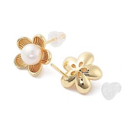 Natural Pearl Ear Studs, with Brass Findings and 925 Sterling Silver Pins, Flower