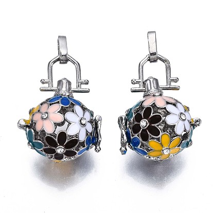 Rack Plating Brass Cage Pendants, For Chime Ball Pendant Necklaces Making, with Enamel and Rhinestone, Hollow Round with Flower