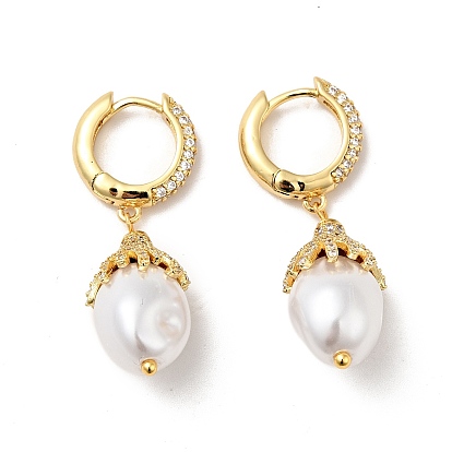 ABS Imitation Pearls Drop Dangle Hoop Earrings with Clear Cubic Zirconia, Rack Plating Brass Jewelry for Women