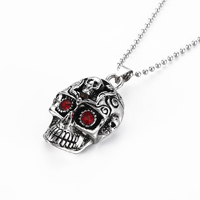 Alloy Rhinestones Pendant Necklaces, with Iron Ball Chains, Skull, Antique Silver