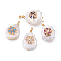 Natural Cultured Freshwater Pearl Pendants, with Brass Micro Pave Cubic Zirconia Findings, Nuggets with Hexagon, Golden