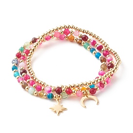 Agate naturelle perles rondes étendent bracelets, , ronde, bracelets à breloques en laiton lune et étoile pour fille femmes, or