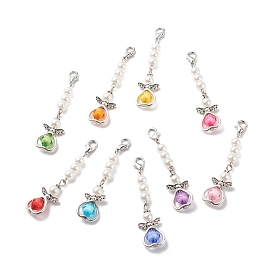 Acrylic Imitation Pearl Beaded Angel Pendant Decorations, Clip-on Charms, with Alloy Lobster Claw Clasps