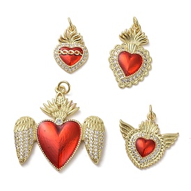 Brass Micro Pave Clear Cubic Zirconia Pendants, with Enamel, Sacred Heart