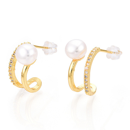Natural Pearl Stud Earrings with Cubic Zirconia, Brass Arch Earrings with 925 Sterling Silver Pins, Cadmium Free & Nickel Free & Lead Free