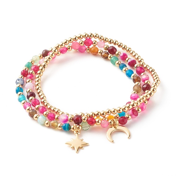Natural Agate Round Beads Stretch Bracelets, Bracelet, Round, Moon & Star Brass Charm Bracelets for Girl Women, Golden
