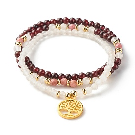 Ensemble de bracelets extensibles en pierre, bracelets perles rondes grenat naturel & jade blanc & rhodonite, bracelets à breloques en laiton plat rond avec arbre de vie pour femme, or