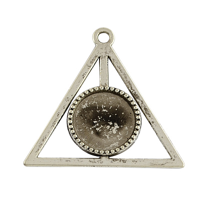 Tibetan Style Alloy Triangle Deathly Hallows Pendant Cabochon Settings, Cadmium Free & Lead Free, Flat Round Tray: 16x16mm, 39x41x2mm, Hole: 3mm