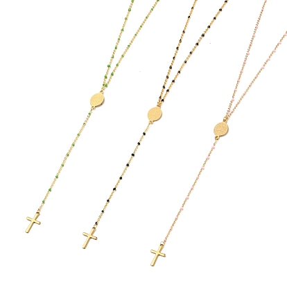 Lariat Necklaces, with Brass Enamel Cable Chain, 304 Stainless Steel Charms and Lobster Claw Clasps, Cross, Oval with Saint Benedict