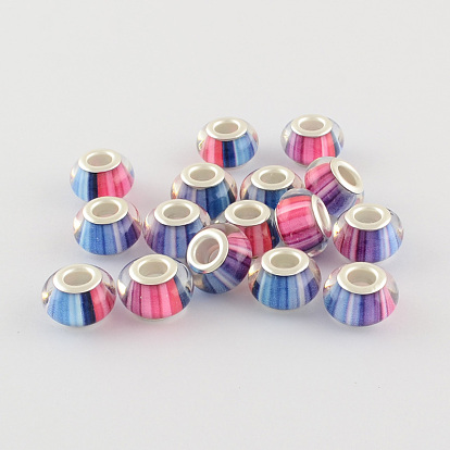 Large Hole Resin European Beads, with Silver Color Plated Brass Double Cores, Rondelle, 14x9mm, Hole: 5mm